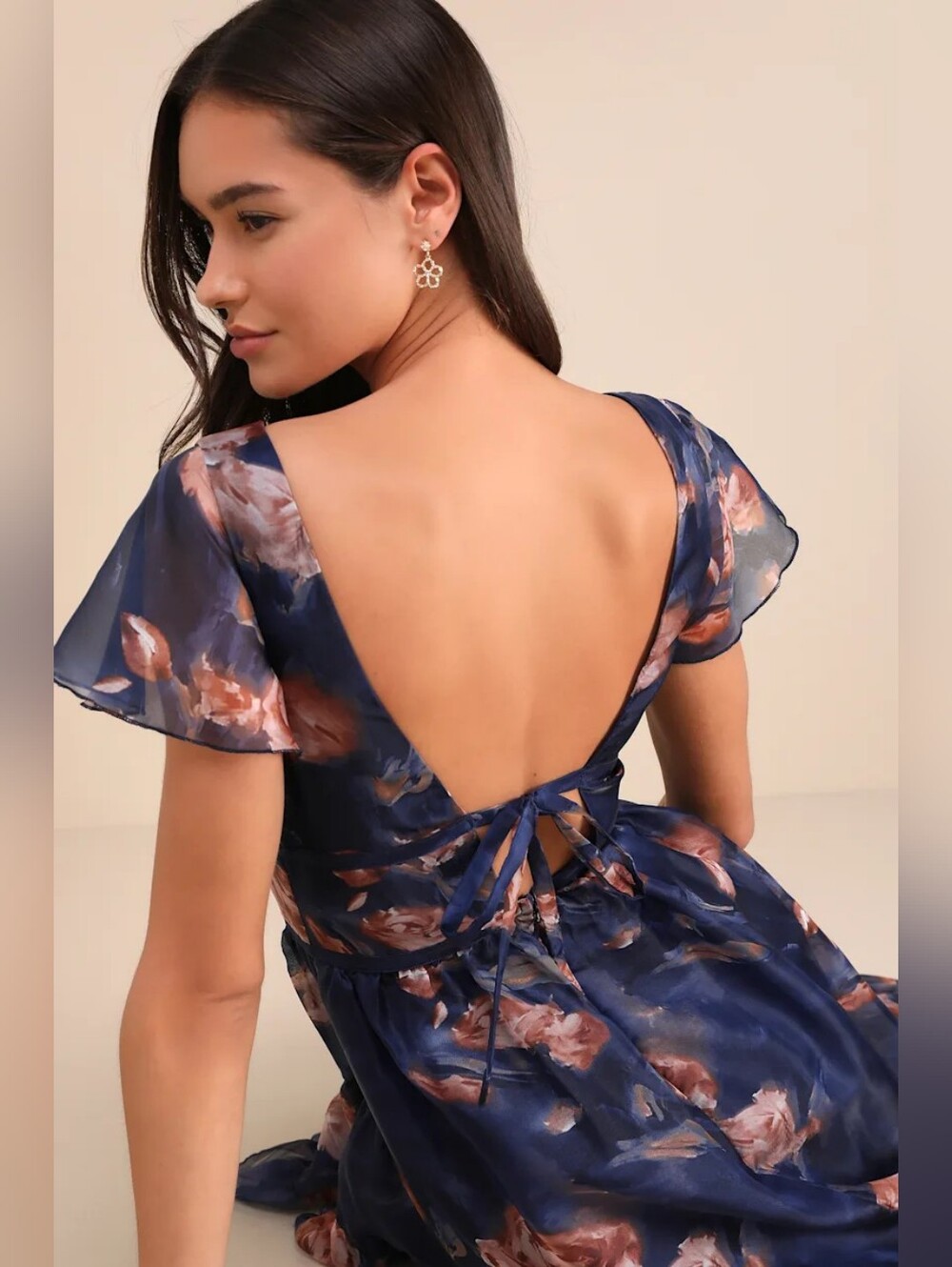 Lulus Floral Navy V-Neck Ruffle Midi Dress - Picture 4 of 13